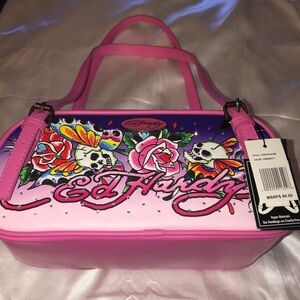 Ed Hardy Pink Multi Floral Skull EW Satchel Shoulder Bag Rhinestone Accents NWT